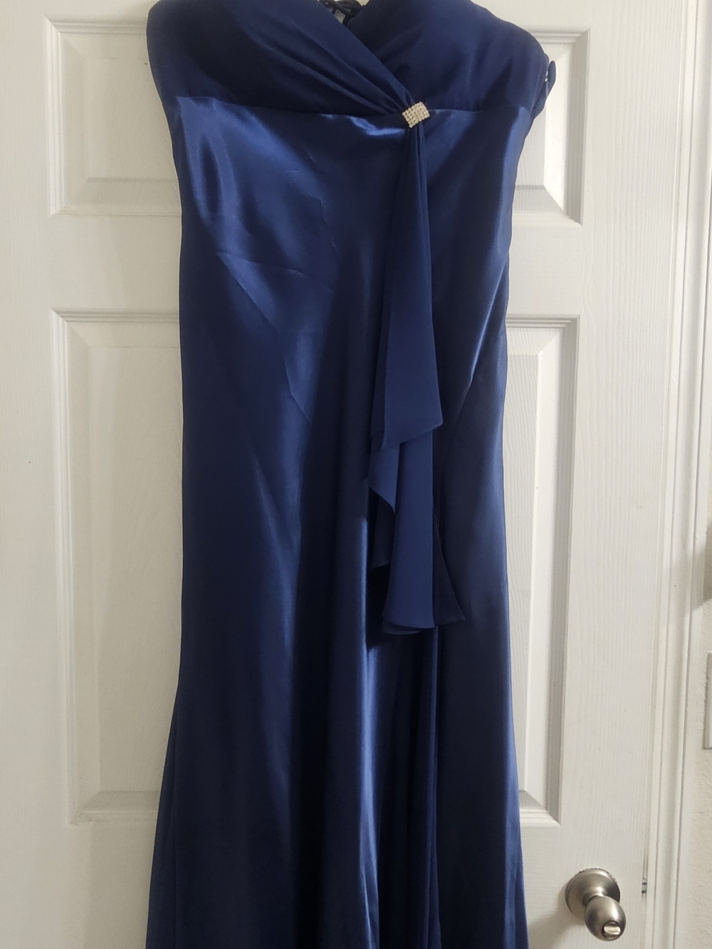 Camille La Vie Navy Blue Strapless Midi Dress with Draped Front